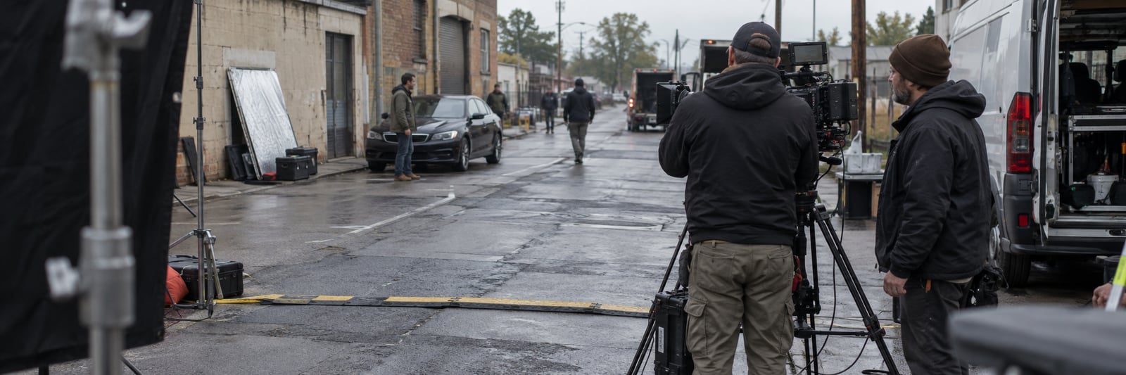 Camera crew preparing a street setup with a cinema camera, vehicle and production equipment.