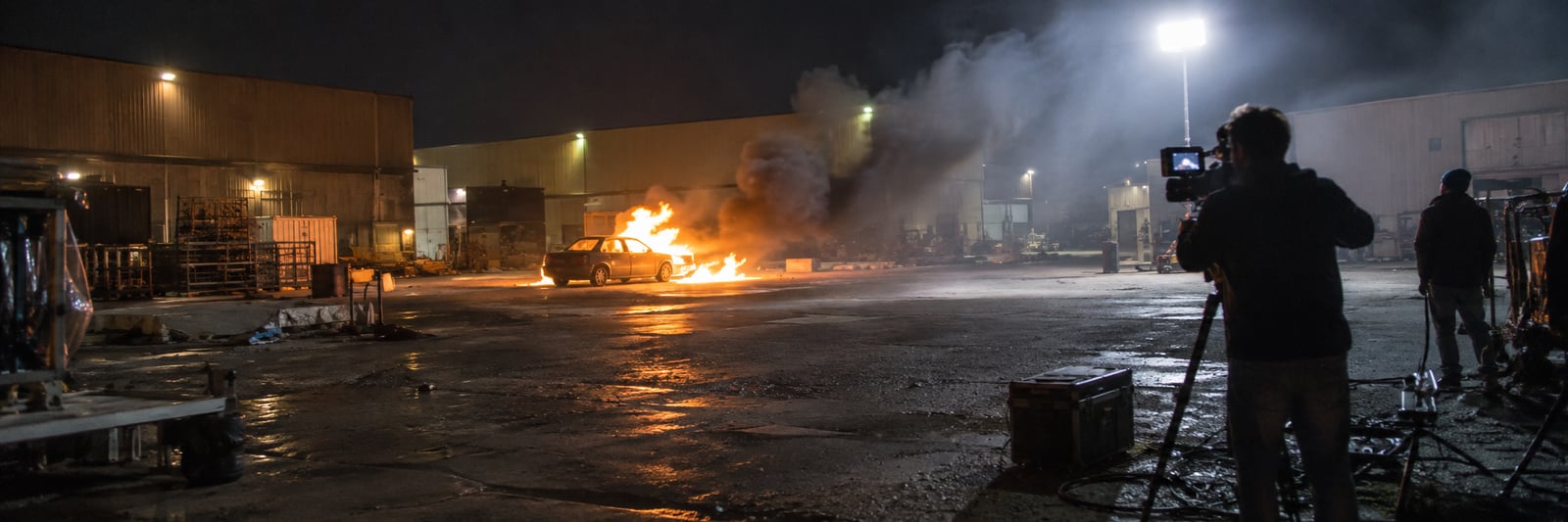 Night vehicle-action set seen from behind the camera crew.
