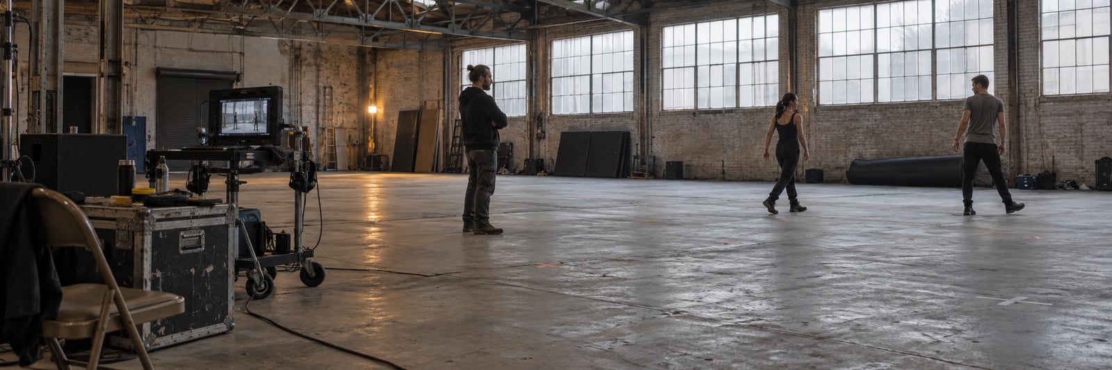 Warehouse rehearsal with performers, a coordinator and a monitor cart.