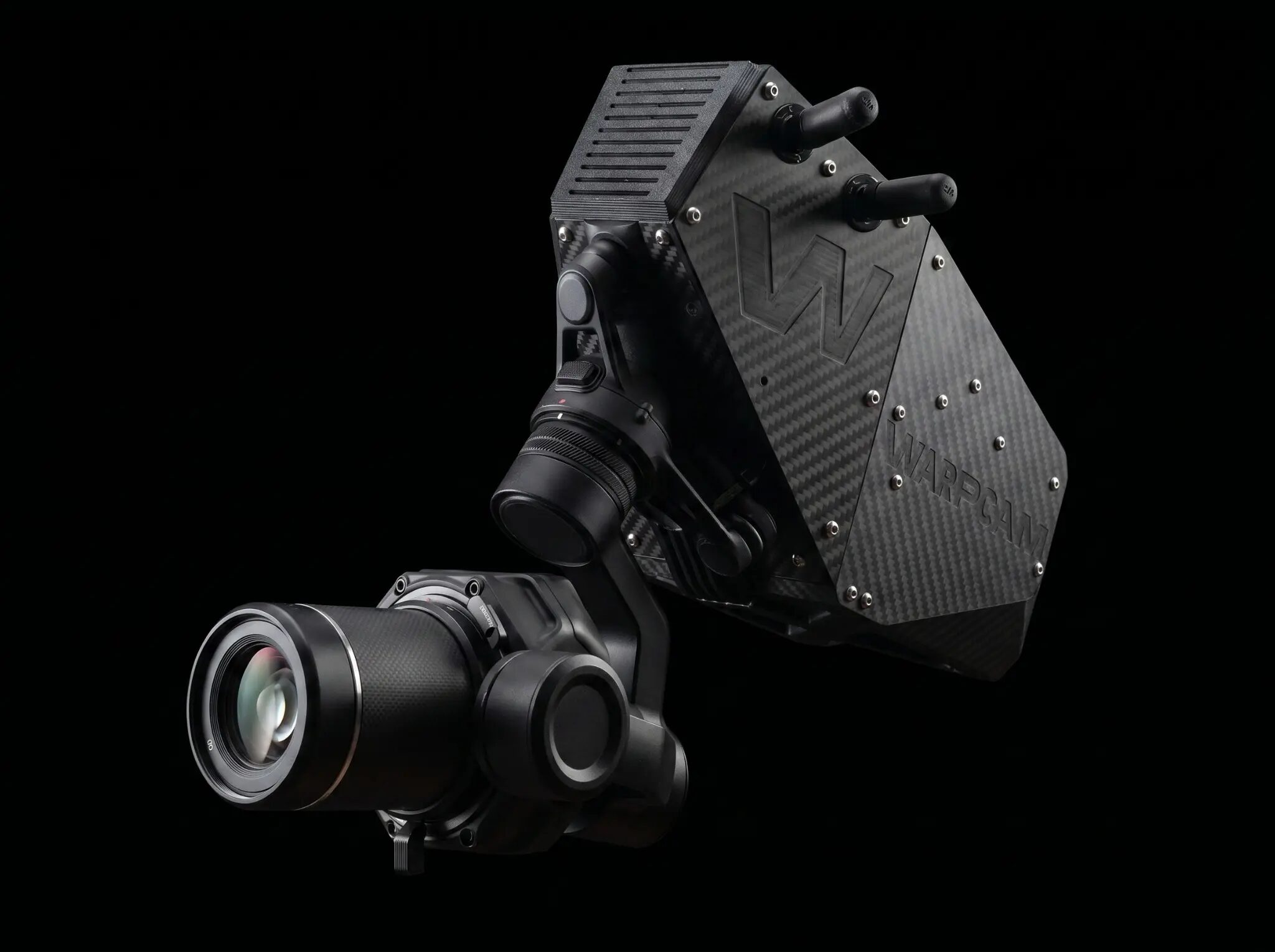 WarpCam® carbon-fiber action-camera system photographed against black